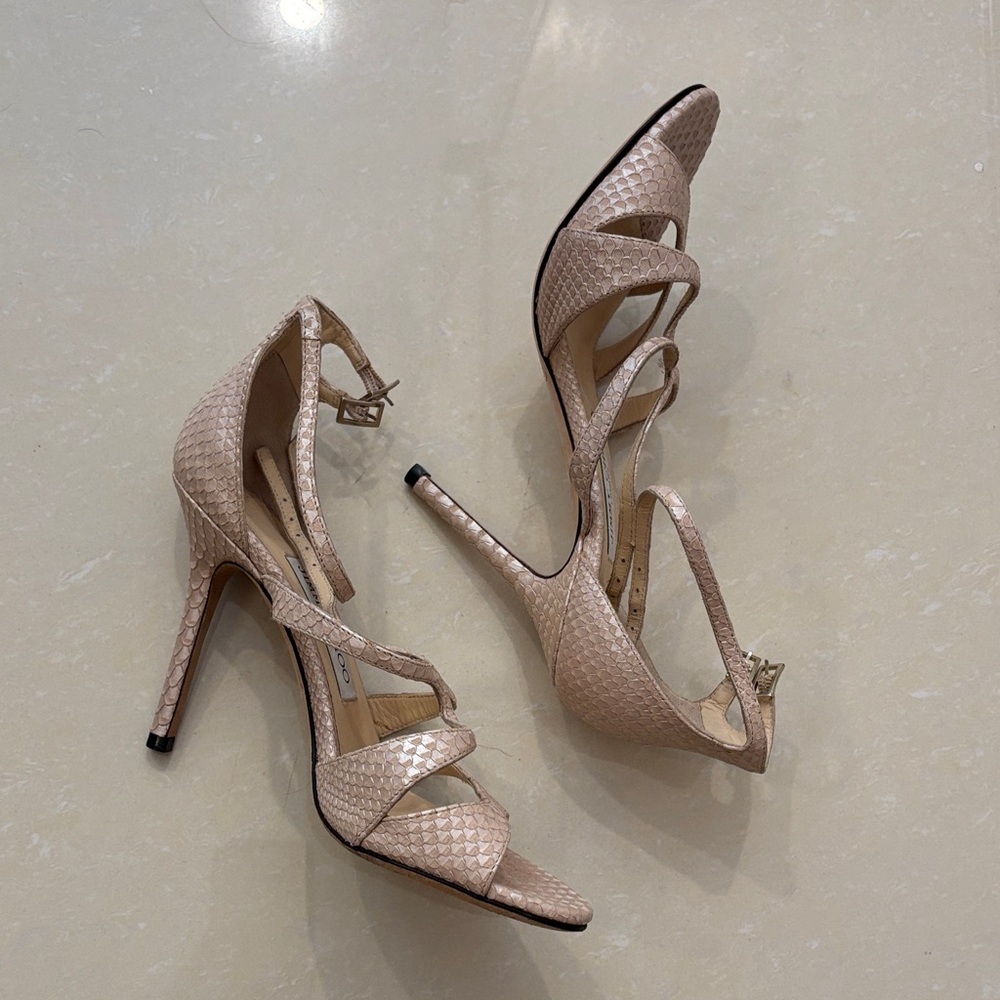 Jimmy Choo Beige Textured Strappy Heels - Picture 4 of 4